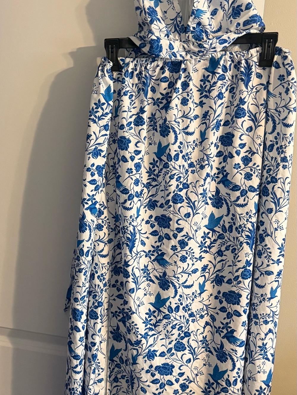 SHEIN White Maxi Dress with Blue Floral & Bird Motif